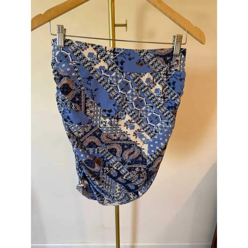 Free People Mini Skirt Womens Small Blue Geometric Print Ruched Detailed Pull On